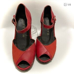 Red Leather and suede Peep-Toe Wedges - Run Wide